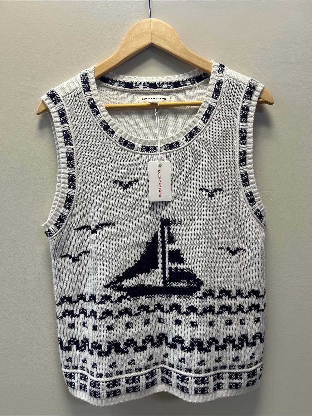 Lucky Brand White & Navy Sailboat Knit Sweater Vest